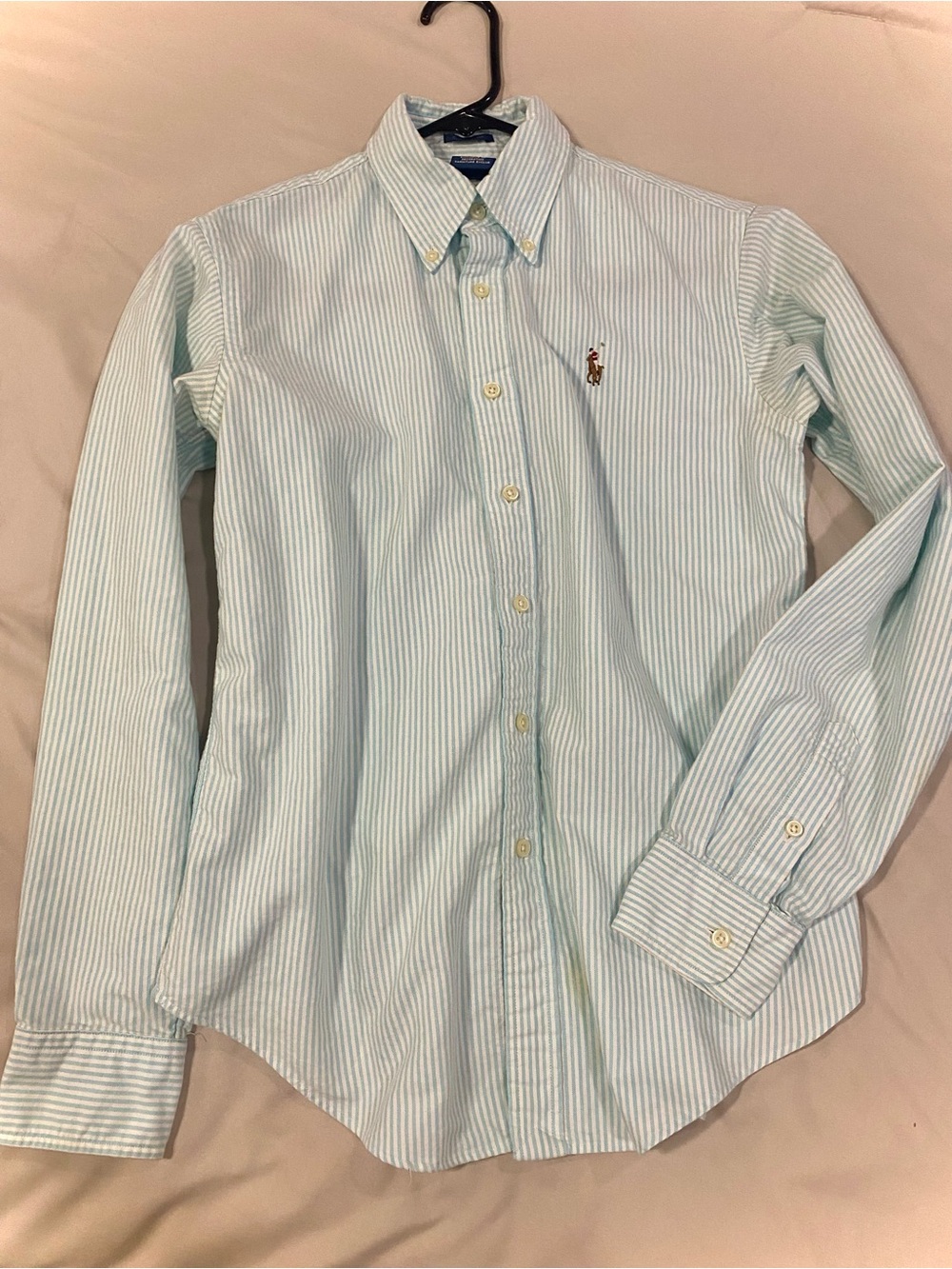 Ralph Lauren Classic fit women’s polo button down. Size small. Baby blue & white